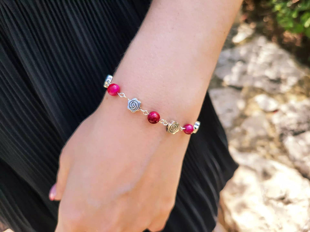 Bracelet pierres naturelles Œil de Tigre Rose et perles roses en métal  Bracelet Jethyka