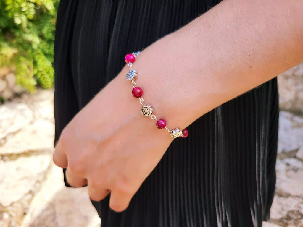 Bracelet pierres naturelles Œil de Tigre Rose et perles roses en métal  Bracelet Jethyka