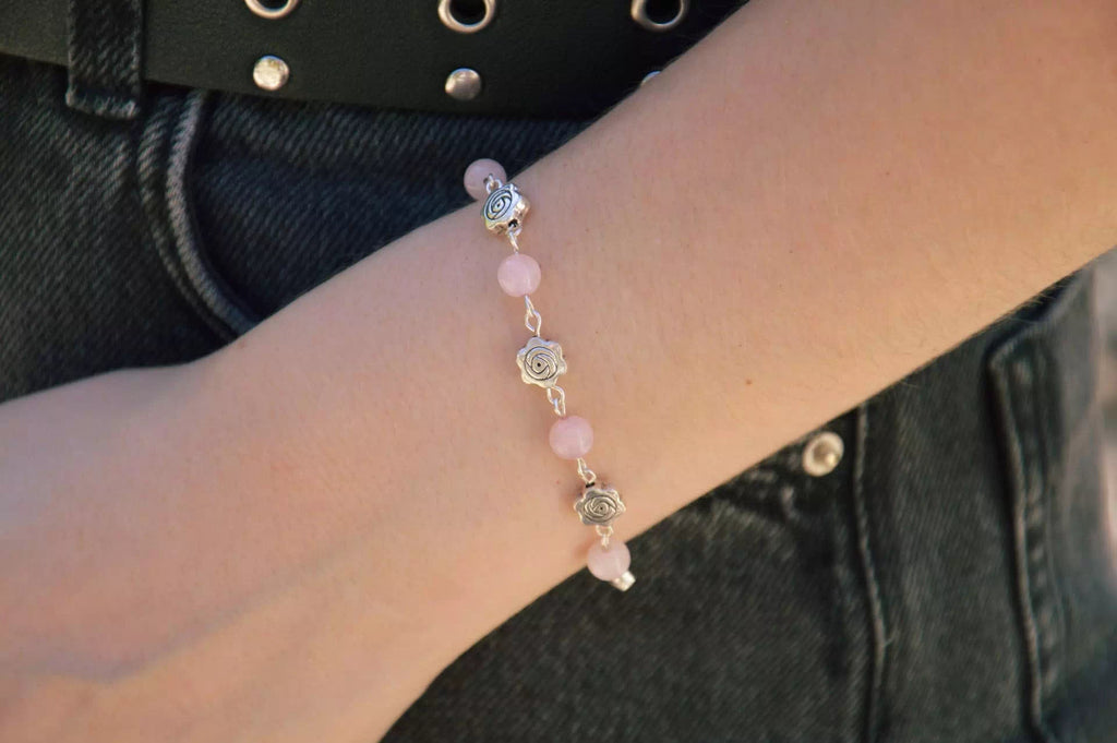 Bracelet en Pierres Naturelles Quartz Rose et Perles Roses en Métal Argenté  Bracelet Jethyka