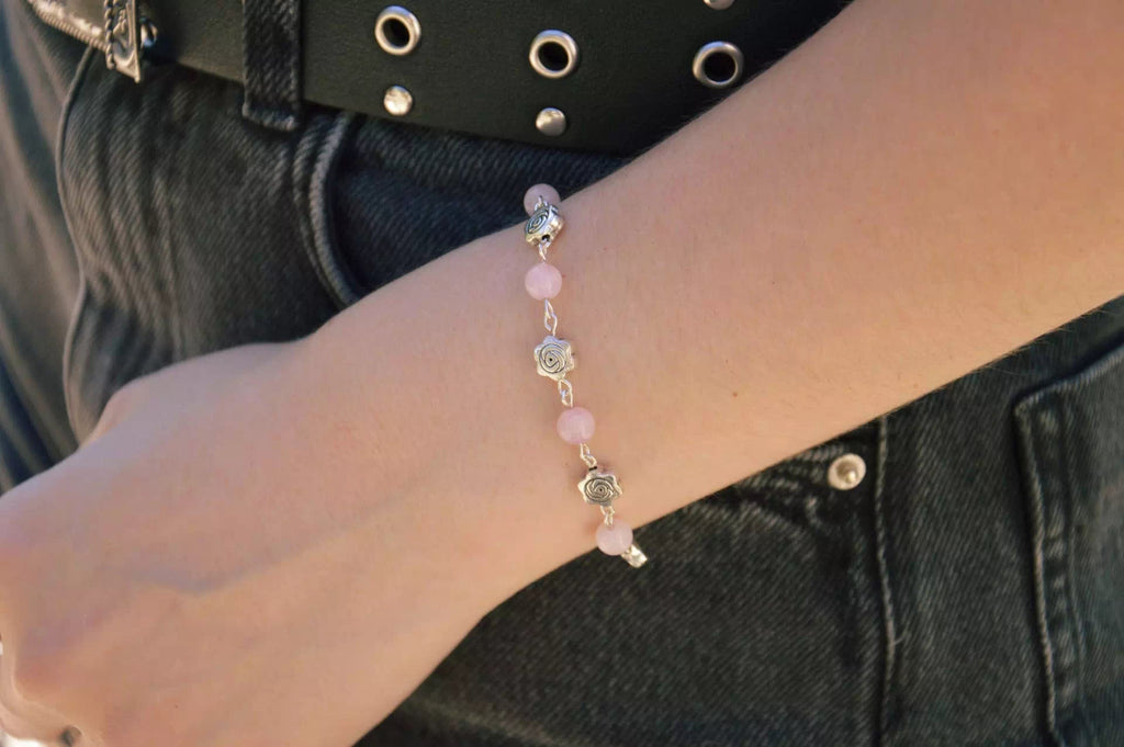 Bracelet en Pierres Naturelles Quartz Rose et Perles Roses en Métal Argenté  Bracelet Jethyka