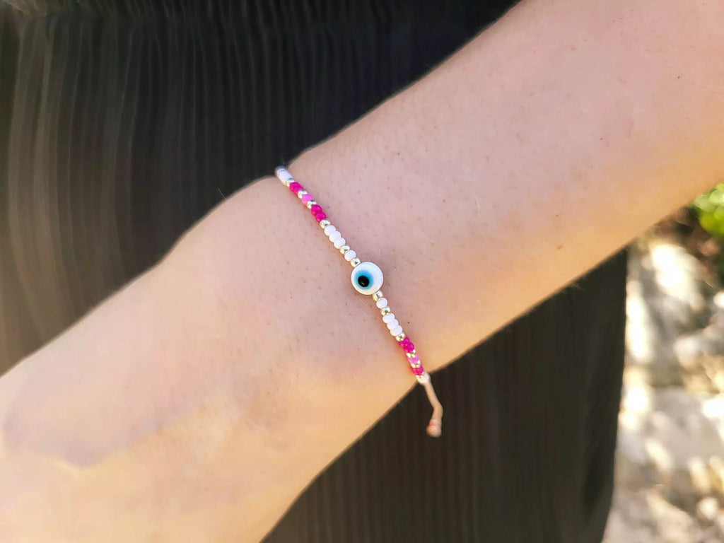 Bracelet Œil protecteur blanc perles rocailles roses et blanches  Bracelet Jethyka