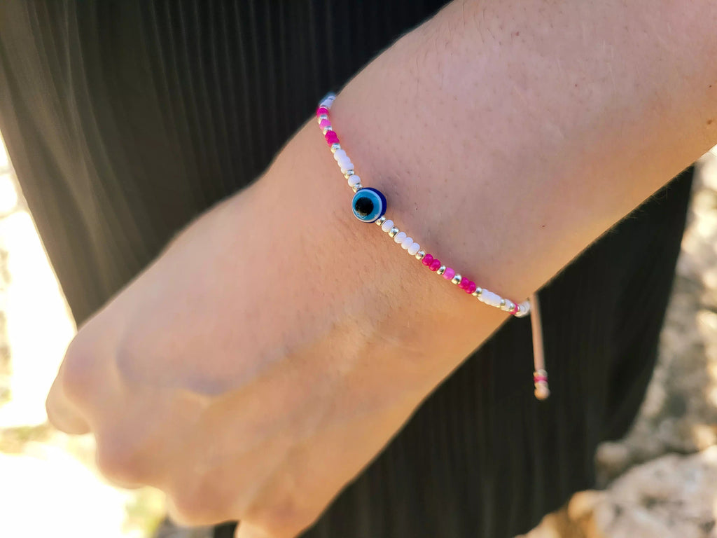 Bracelet en Perles Rocailles Blanches et Roses avec Perle Œil Protecteur  Bracelet Jethyka