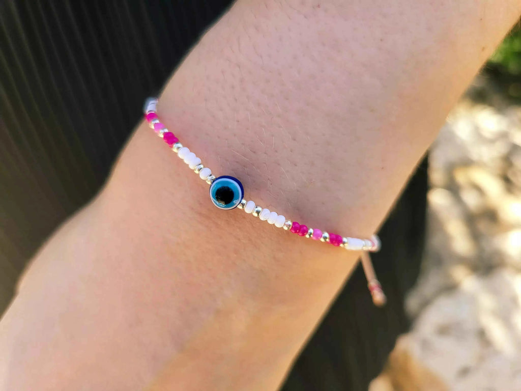 Bracelet Œil Protecteur perles rocailles blanches et roses