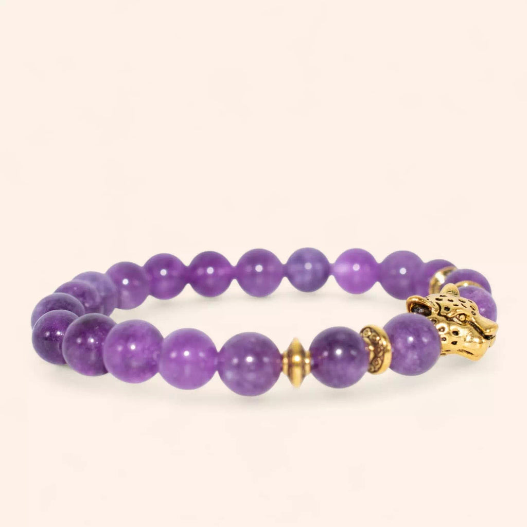 Bracelet en pierres naturelles Améthyste et perle tête de jaguar  Bracelet Jethyka