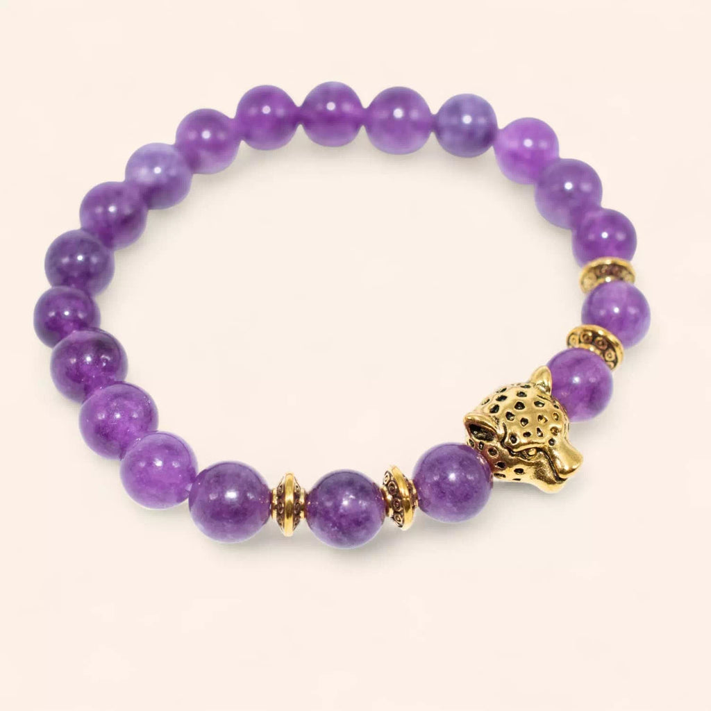 Bracelet en pierres naturelles Améthyste et perle tête de jaguar  Bracelet Jethyka