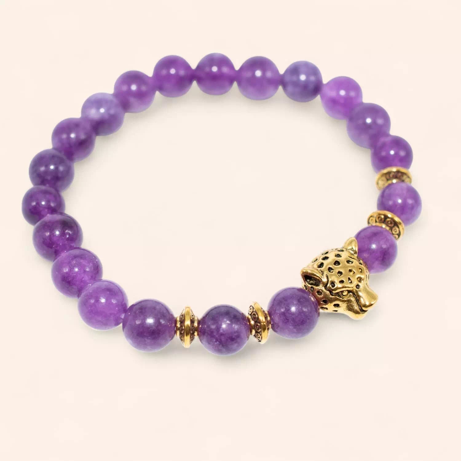 Bracelet en pierres naturelles Améthyste et perle tête de jaguar  Bracelet Jethyka