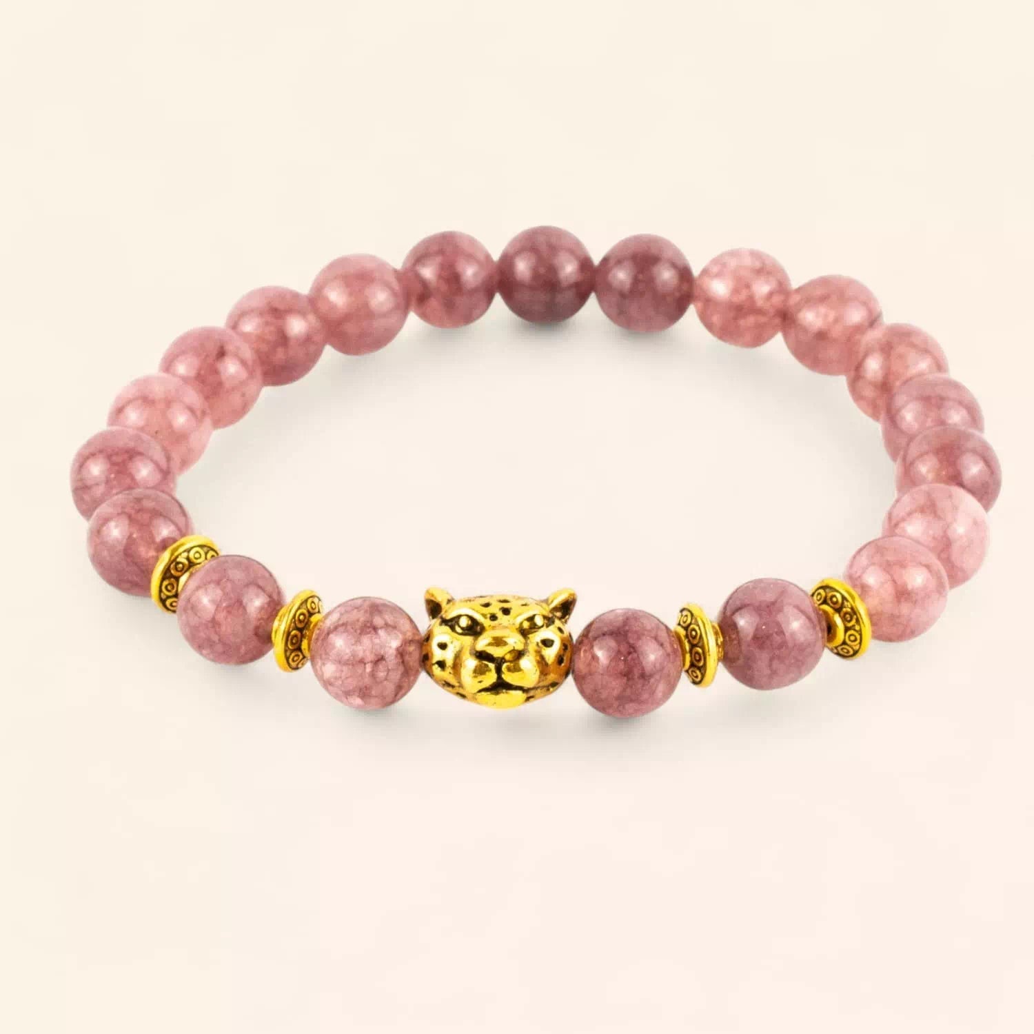 Bracelet en Pierres Naturelles Lépidolite et Perle Tête de Jaguar Dorée  Bracelet Jethyka