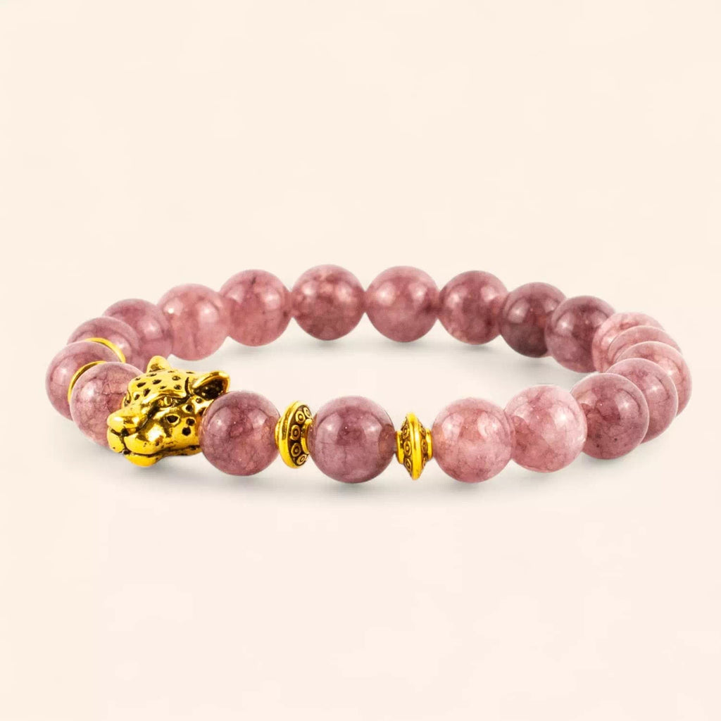Bracelet en Pierres Naturelles Lépidolite et Perle Tête de Jaguar Dorée  Bracelet Jethyka