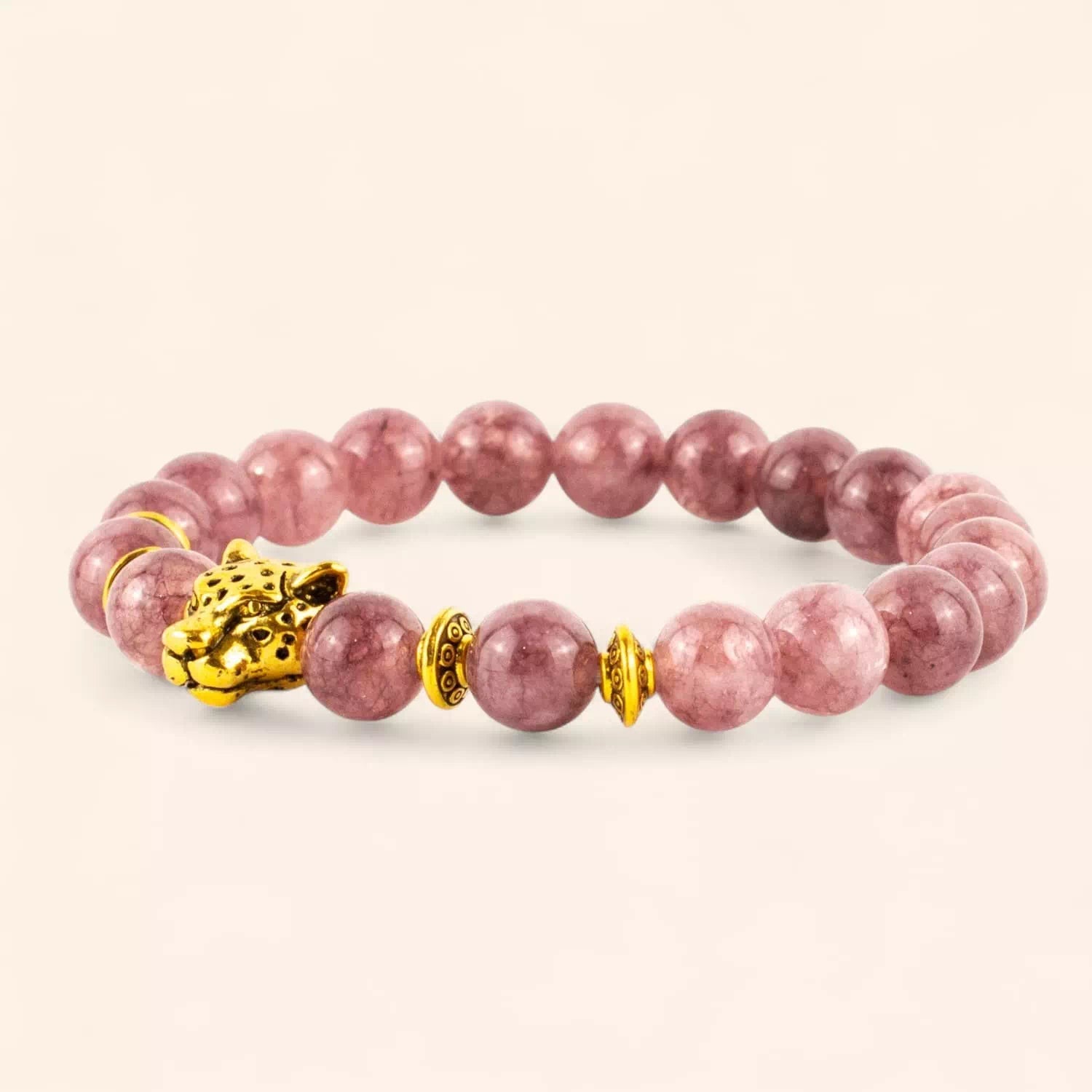 Bracelet en Pierres Naturelles Lépidolite et Perle Tête de Jaguar Dorée  Bracelet Jethyka