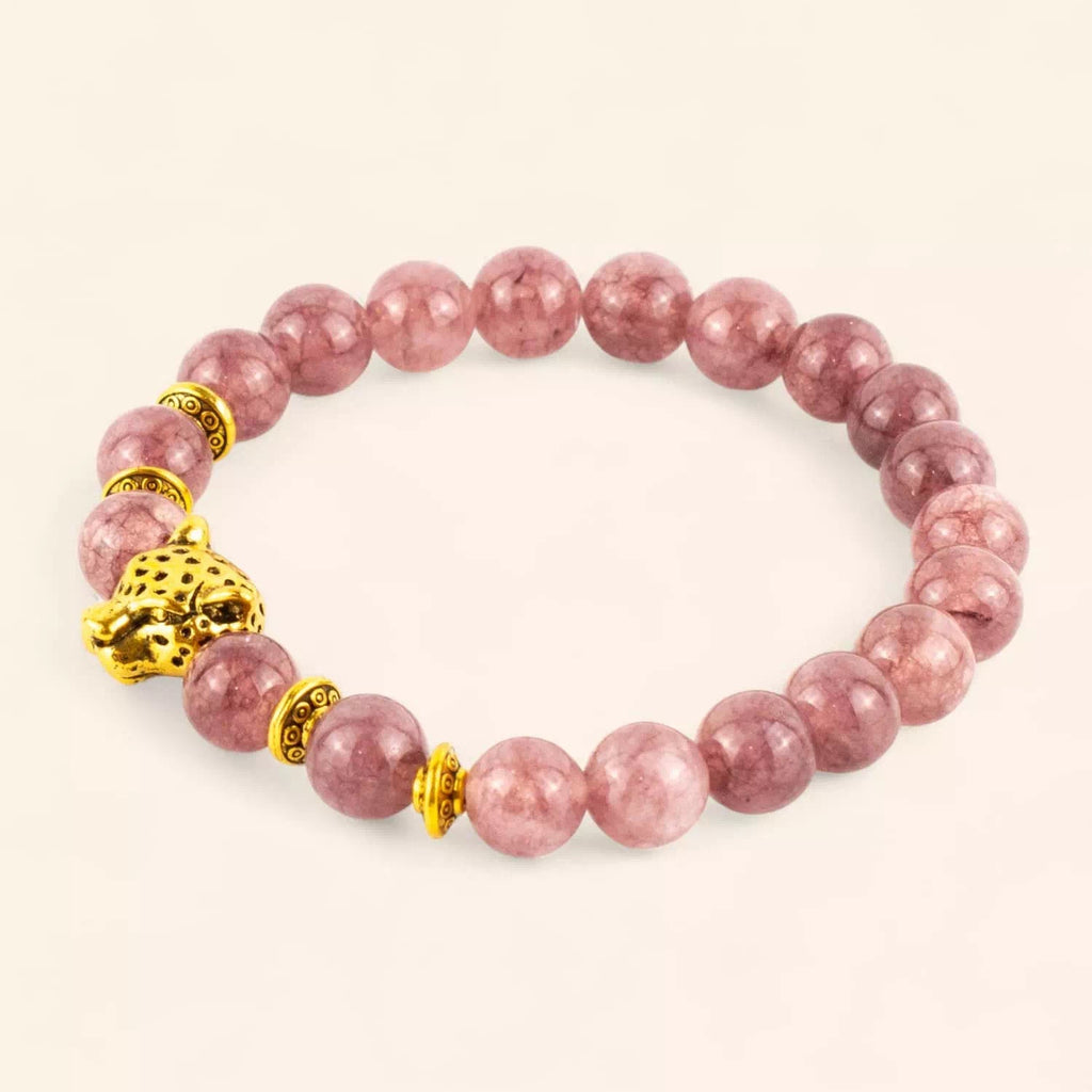Bracelet en Pierres Naturelles Lépidolite et Perle Tête de Jaguar Dorée  Bracelet Jethyka