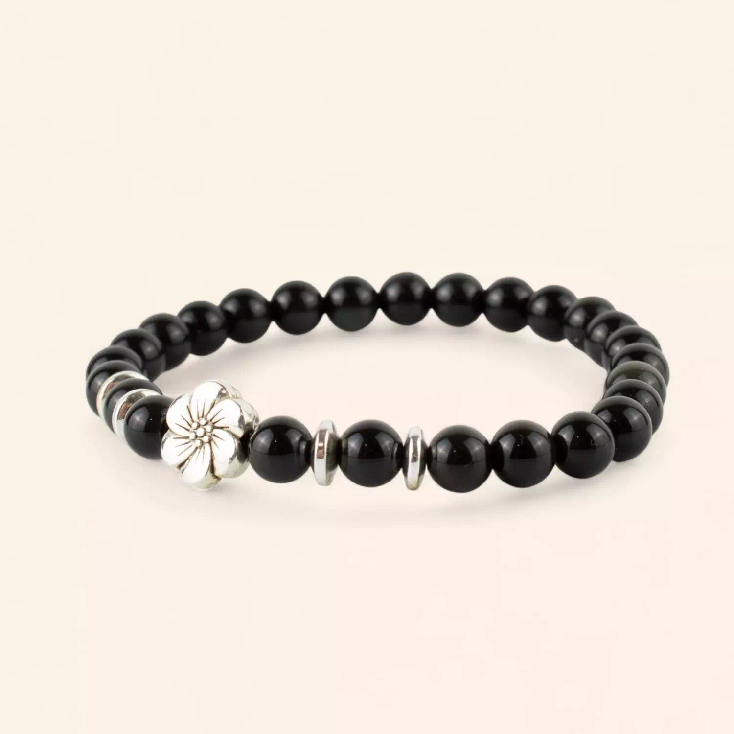 Bracelet en pierres naturelles Obsidienne et perle Fleur de cerisier  Bracelet Jethyka