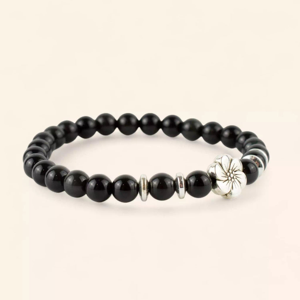 Bracelet en pierres naturelles Obsidienne et perle Fleur de cerisier  Bracelet Jethyka