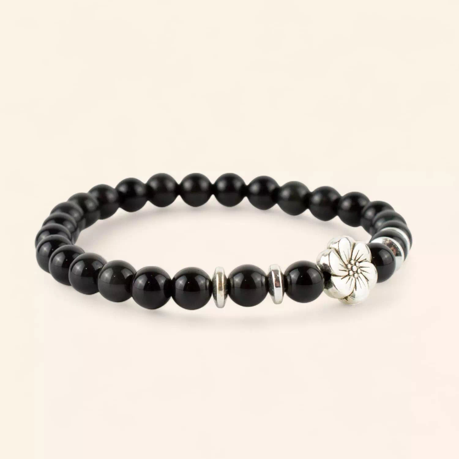 Bracelet en pierres naturelles Obsidienne et perle Fleur de cerisier  Bracelet Jethyka