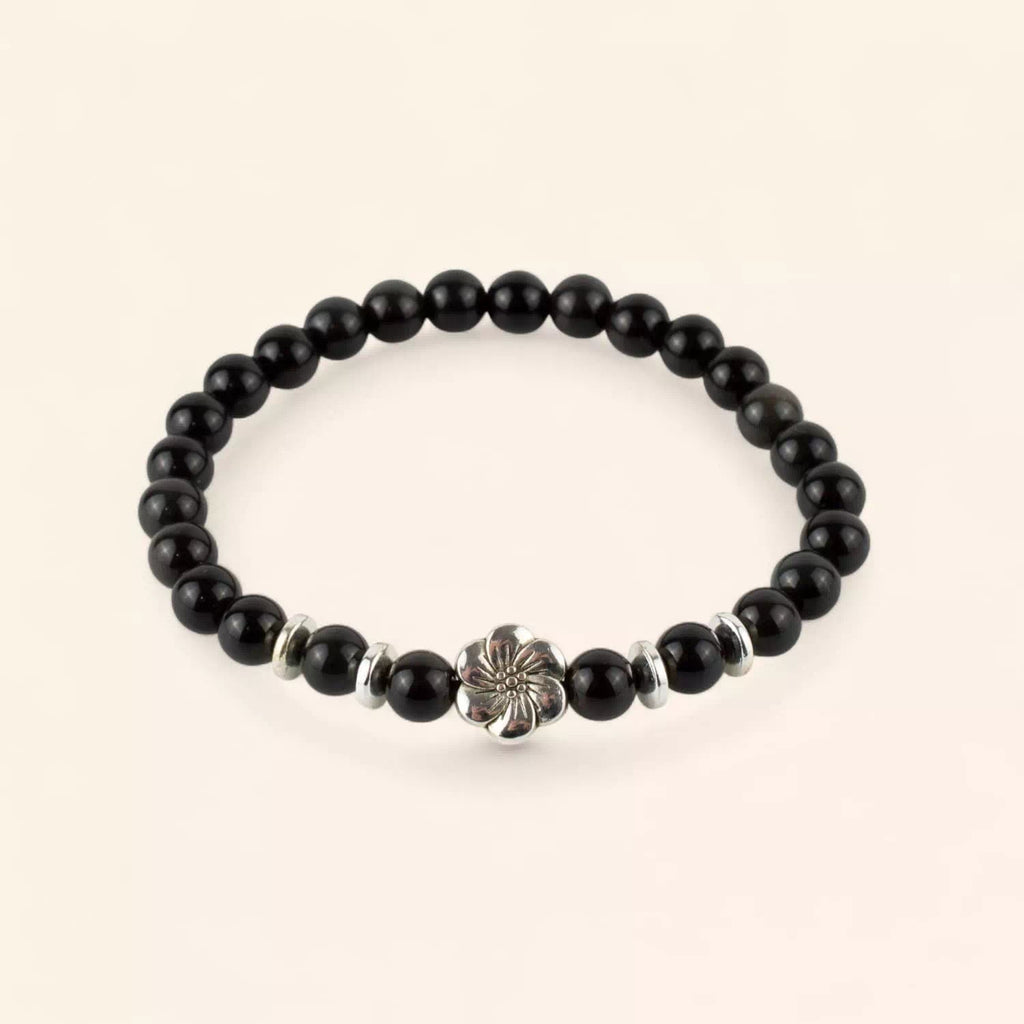 Bracelet en pierres naturelles Obsidienne et perle Fleur de cerisier  Bracelet Jethyka