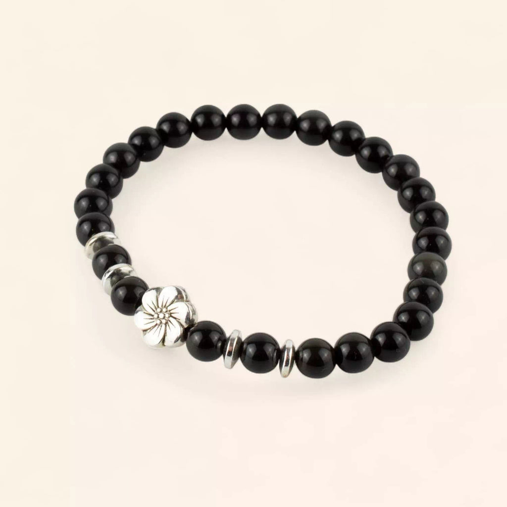Bracelet en pierres naturelles Obsidienne et perle Fleur de cerisier  Bracelet Jethyka