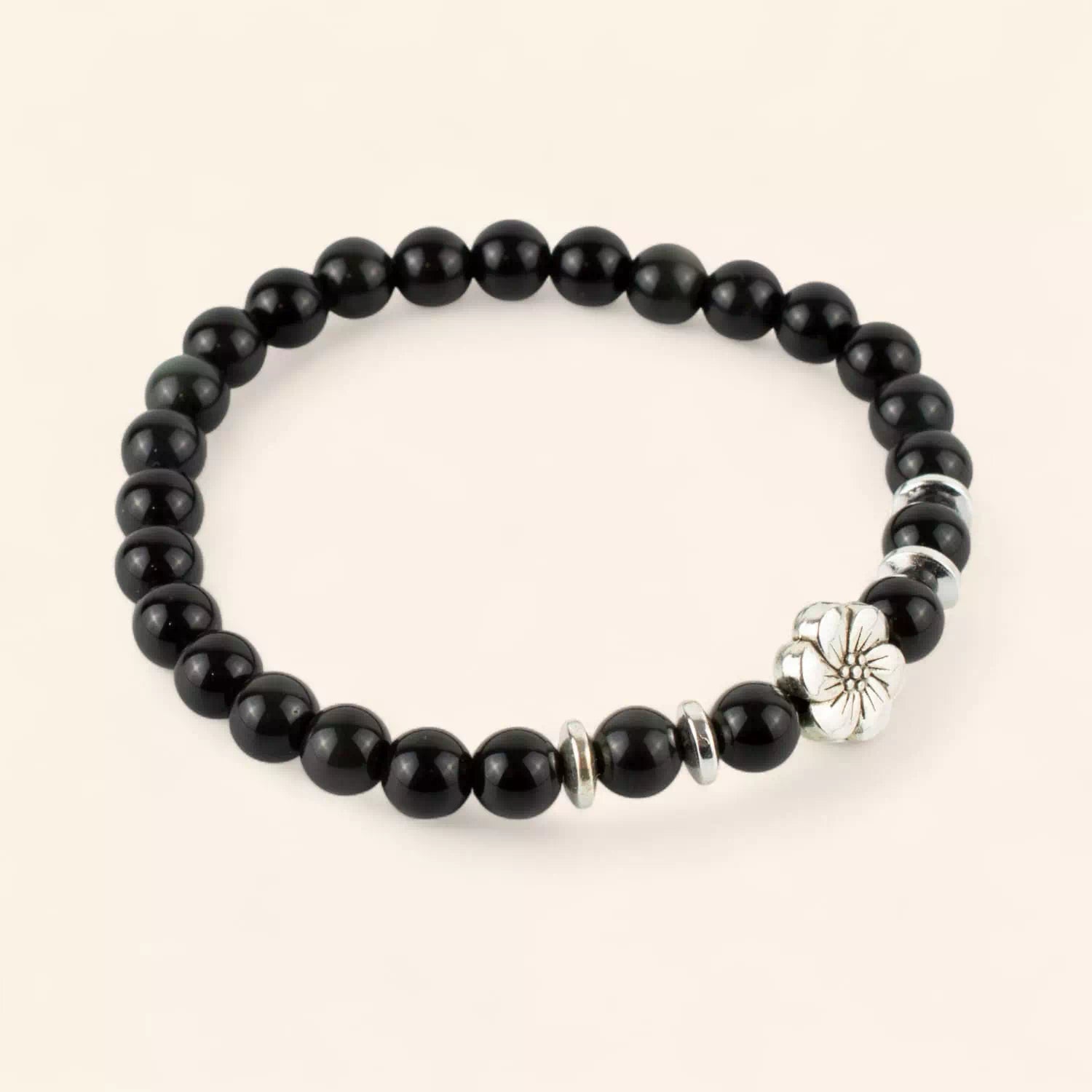 Bracelet en pierres naturelles Obsidienne et perle Fleur de cerisier  Bracelet Jethyka