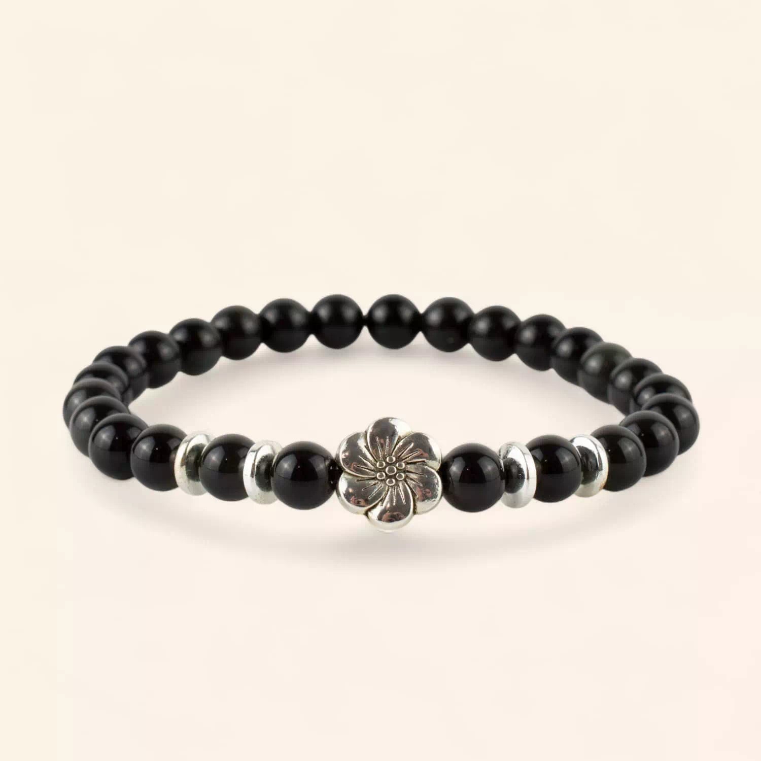 Bracelet en pierres naturelles Obsidienne et perle Fleur de cerisier  Bracelet Jethyka