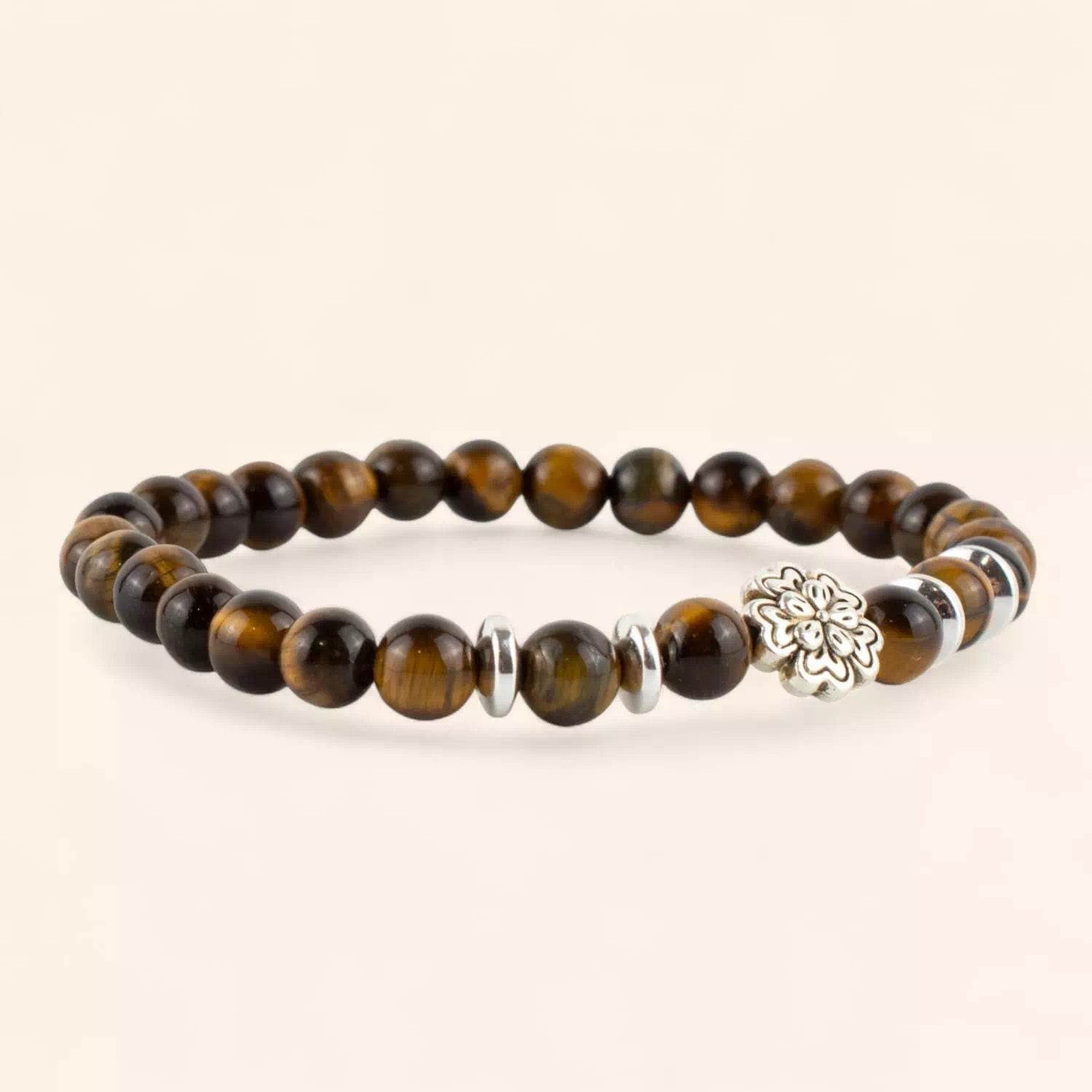 Bracelet en pierres naturelles Œil de Tigre et perle petite Fleur  Bracelet Jethyka