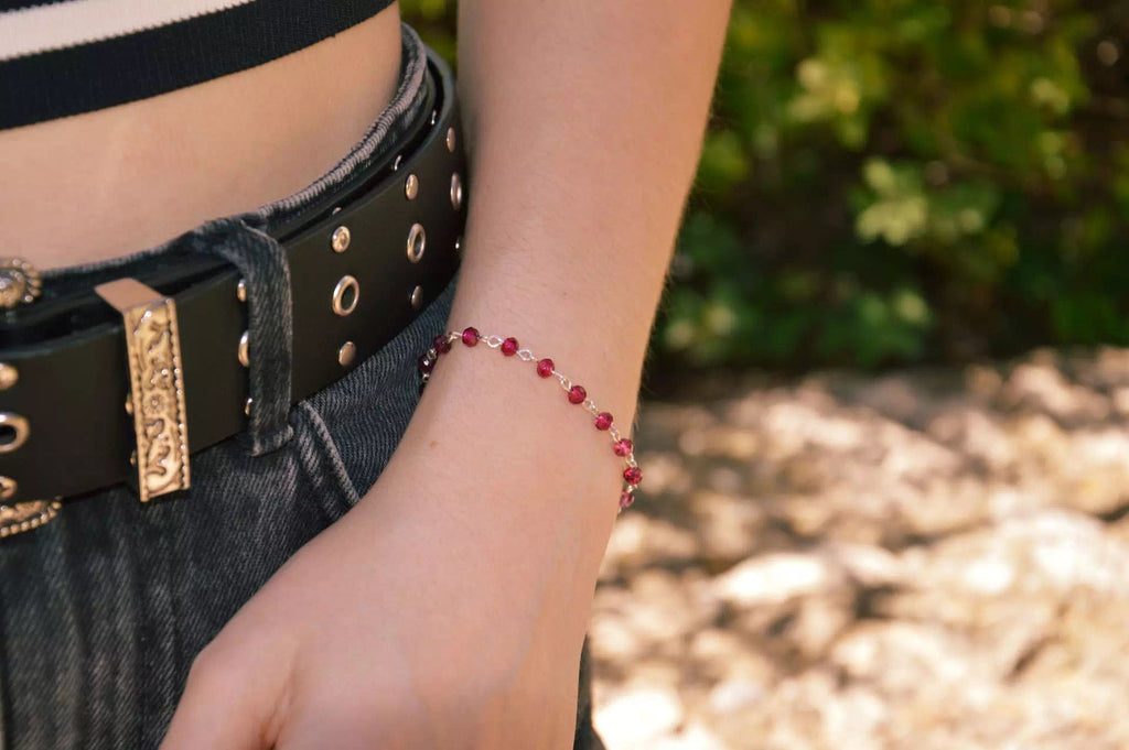 Bracelet Perles Cristal Rose Framboise et Plaqué Argent  Bracelet Jethyka