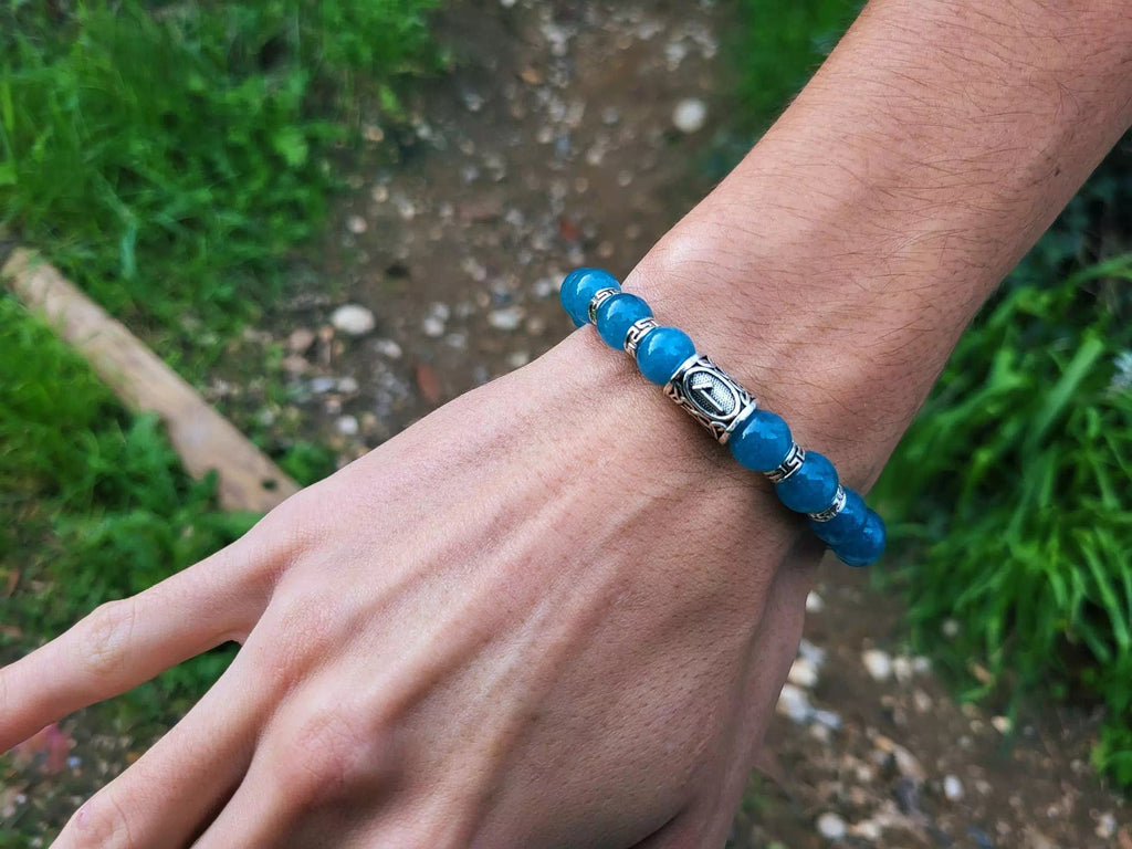 Bracelet en pierres naturelles Calcédoine et perle Rune Viking en métal argenté  Bracelet Jethyka