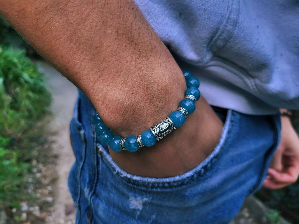 Bracelet en pierres naturelles Calcédoine et perle Rune Viking en métal argenté  Bracelet Jethyka