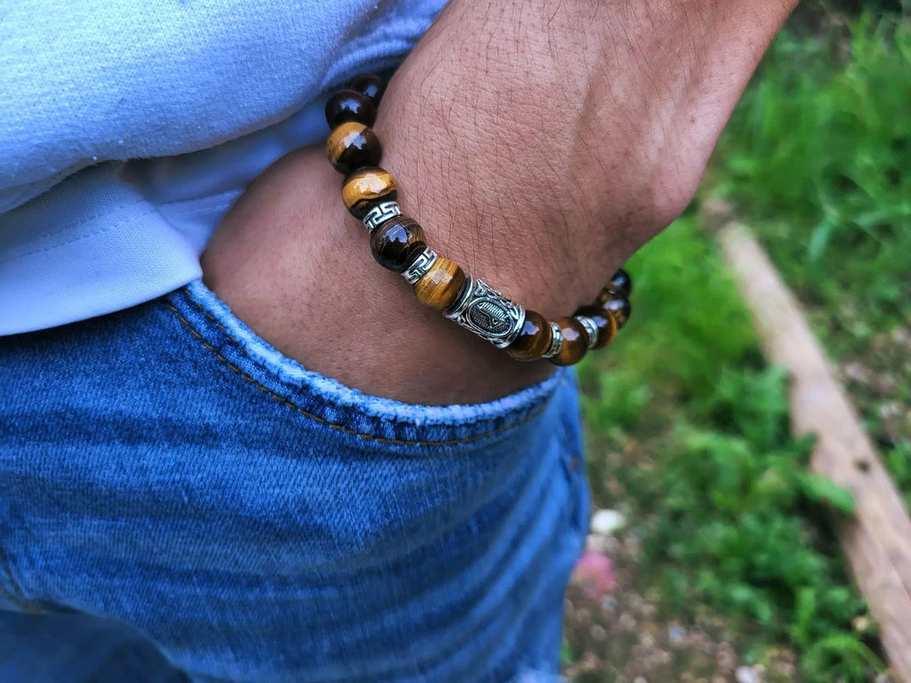 Bracelet en Pierres Naturelles Œil de Tigre et Perle Rune Viking  Bracelet Jethyka