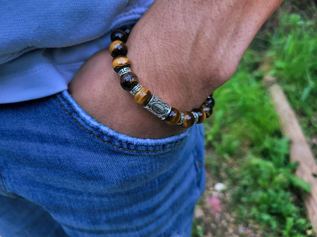 Bracelet en Pierres Naturelles Œil de Tigre et Perle Rune Viking  Bracelet Jethyka