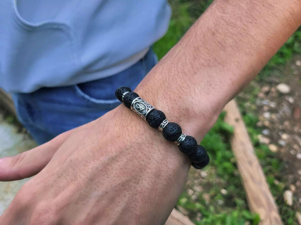 Bracelet en Pierres de Lave et Perle Rune Viking  Bracelet Jethyka