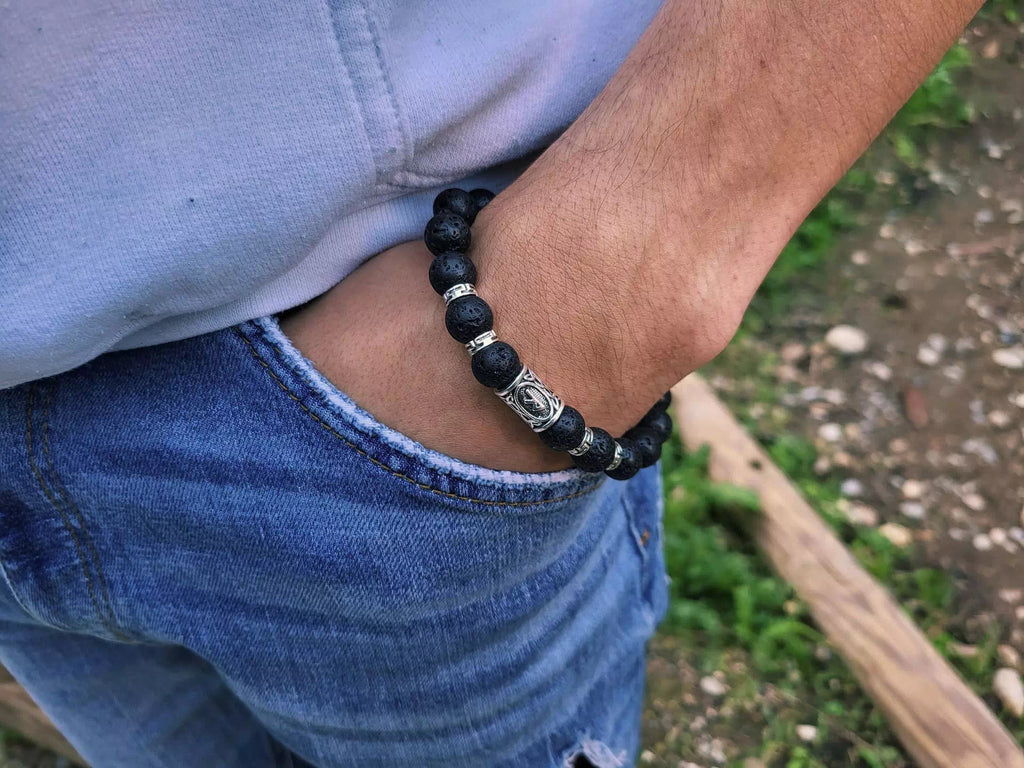 Bracelet en Pierres de Lave et Perle Rune Viking  Bracelet Jethyka