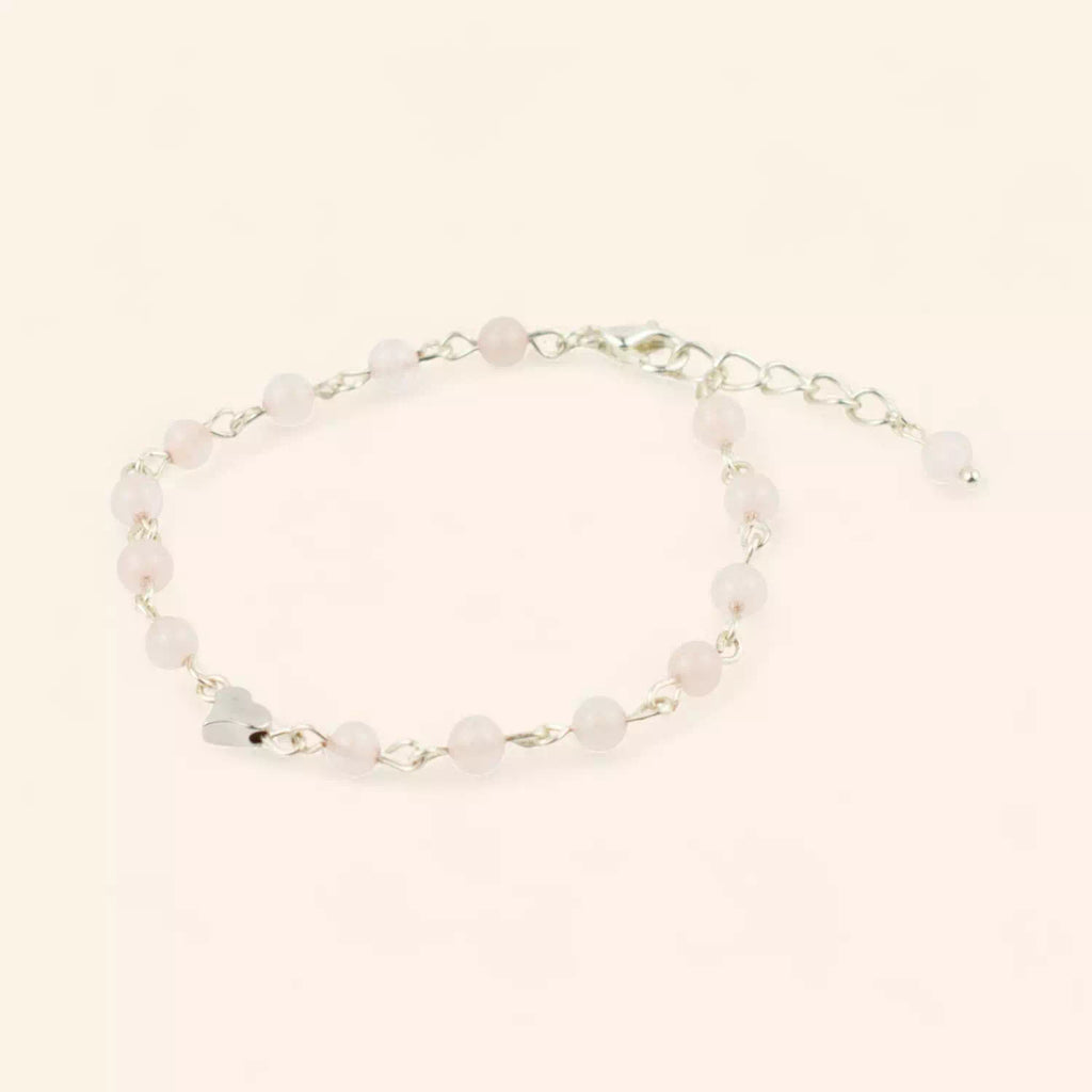 Bracelet en pierres naturelles Quartz Rose et perle cœur en métal argenté  Bracelet Jethyka
