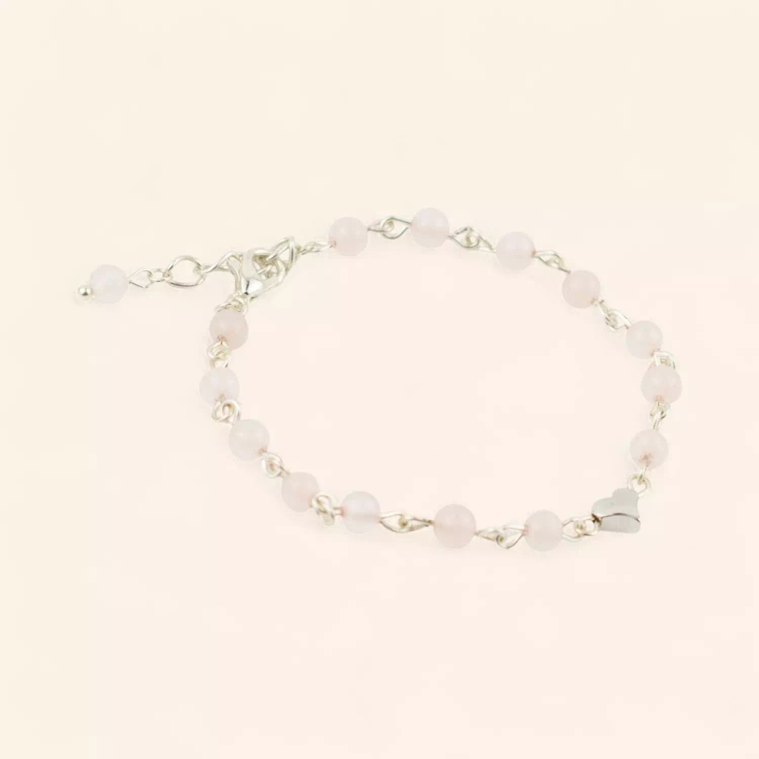 Bracelet en pierres naturelles Quartz Rose et perle cœur en métal argenté  Bracelet Jethyka