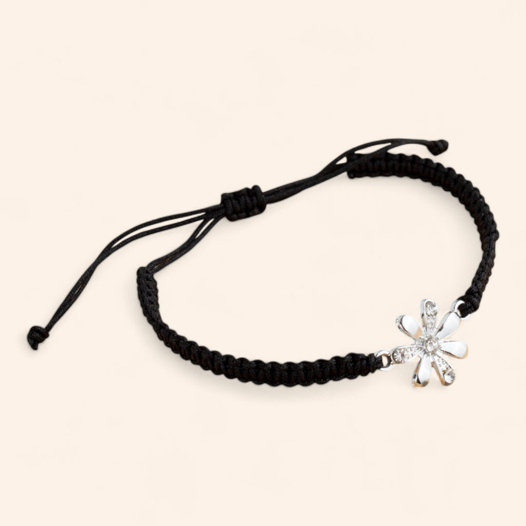 Bracelet macramé noir et Fleur argentée avec Strass  Bracelet Jethyka