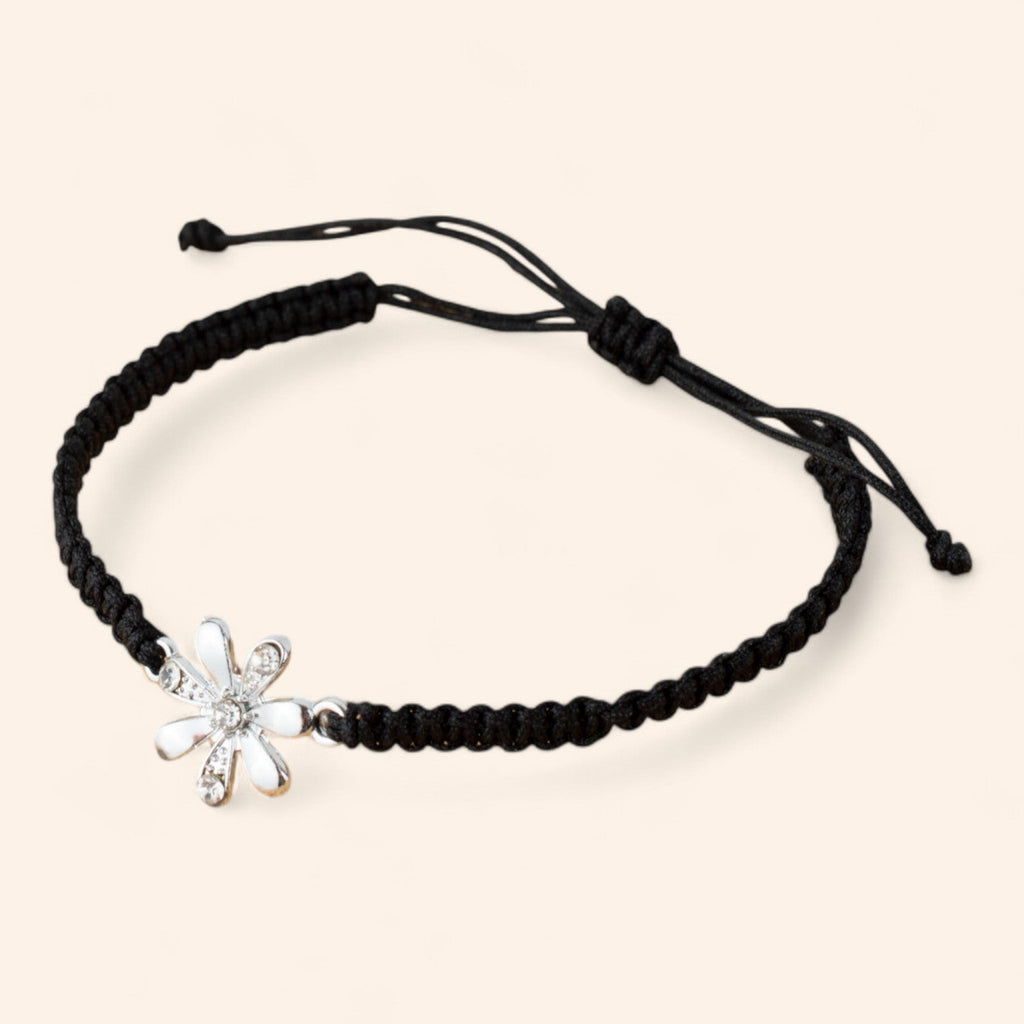 Bracelet macramé noir et Fleur argentée avec Strass  Bracelet Jethyka