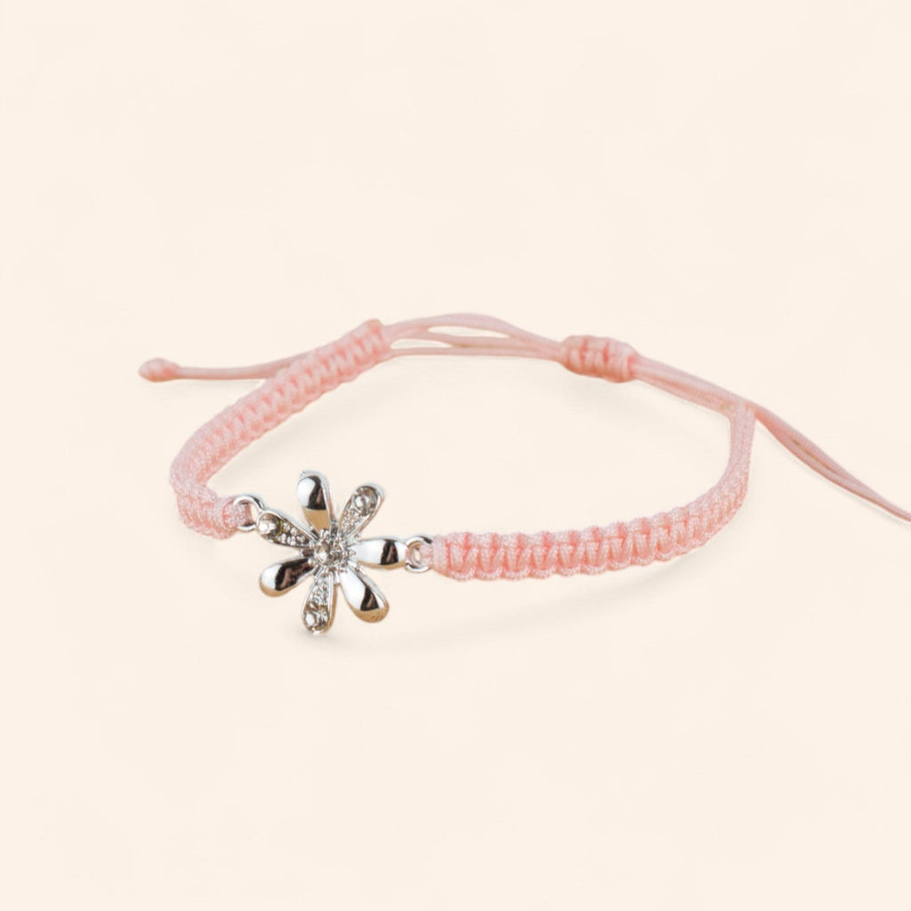 Bracelet macramé Rose et fleur argentée avec strass  Bracelet Jethyka