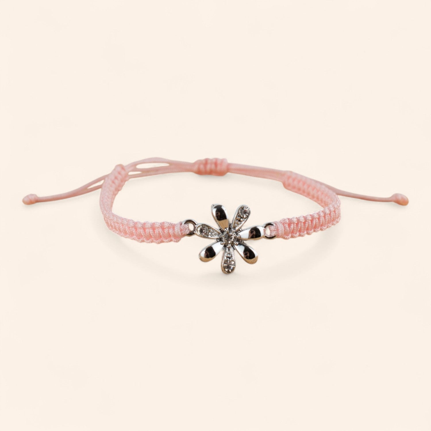 Bracelet macramé Rose et fleur argentée avec strass  Bracelet Jethyka
