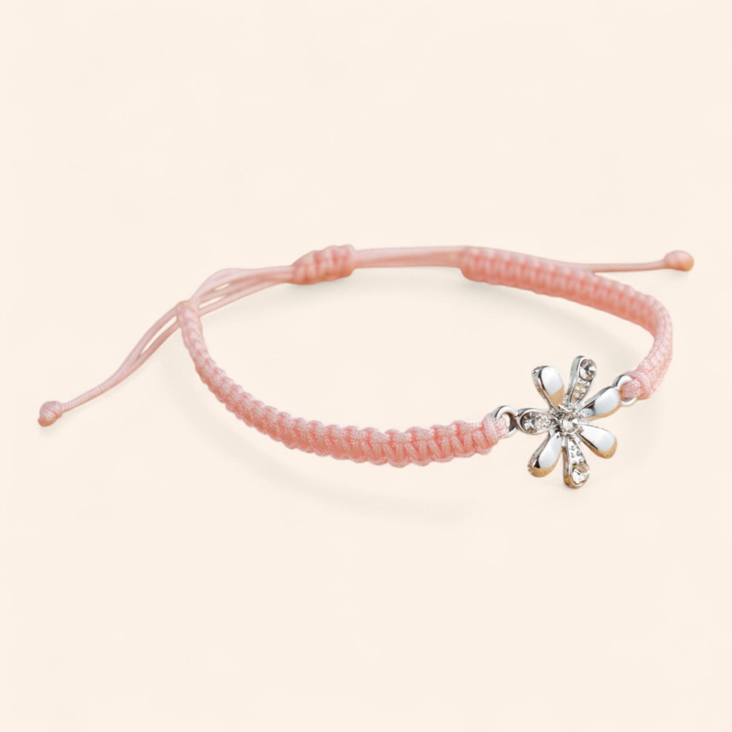 Bracelet macramé Rose et fleur argentée avec strass  Bracelet Jethyka