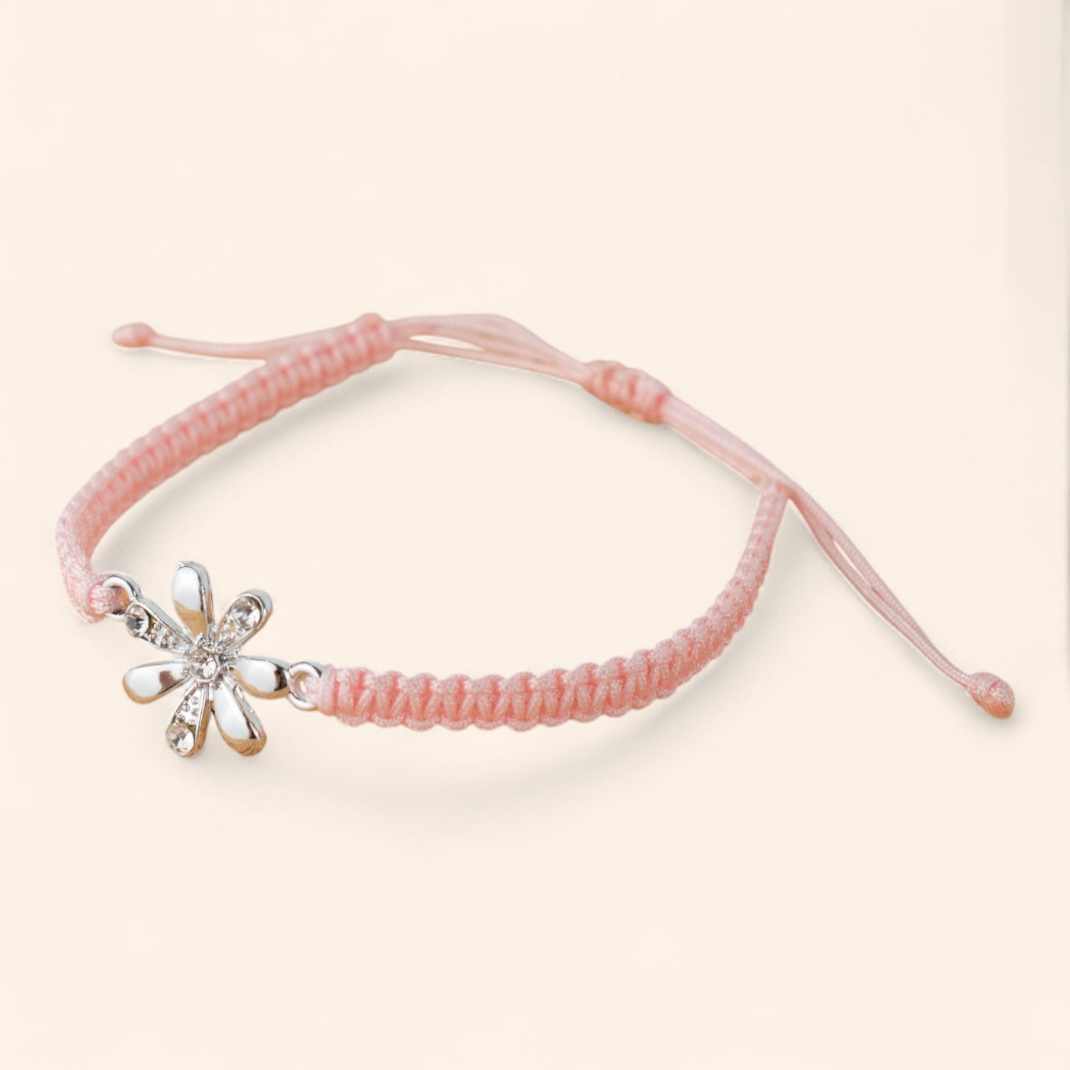 Bracelet macramé Rose et fleur argentée avec strass  Bracelet Jethyka