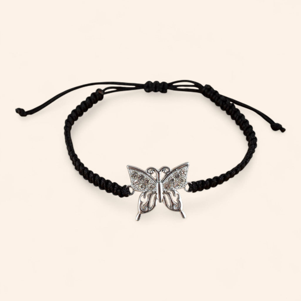 Bracelet macramé noir avec papillon en métal argenté et strass  Bracelet Jethyka