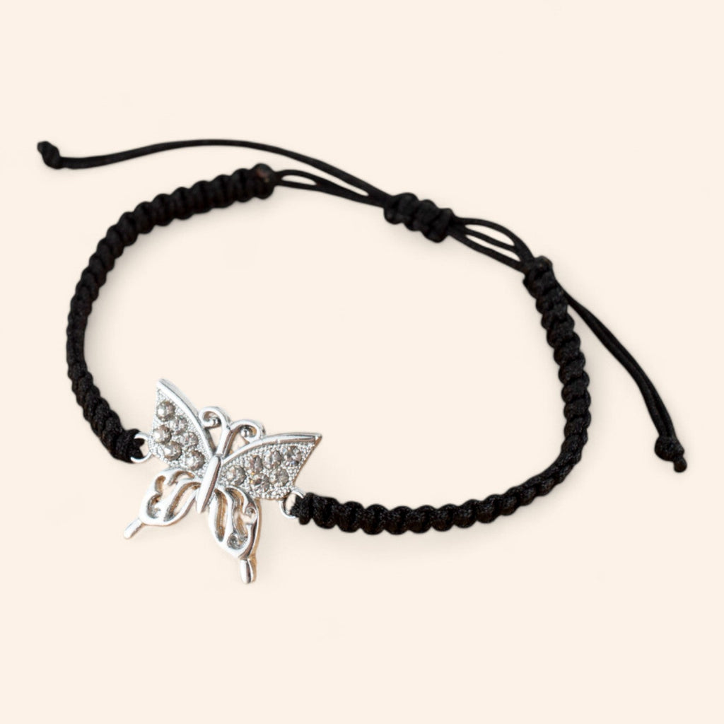 Bracelet macramé noir avec papillon en métal argenté et strass  Bracelet Jethyka