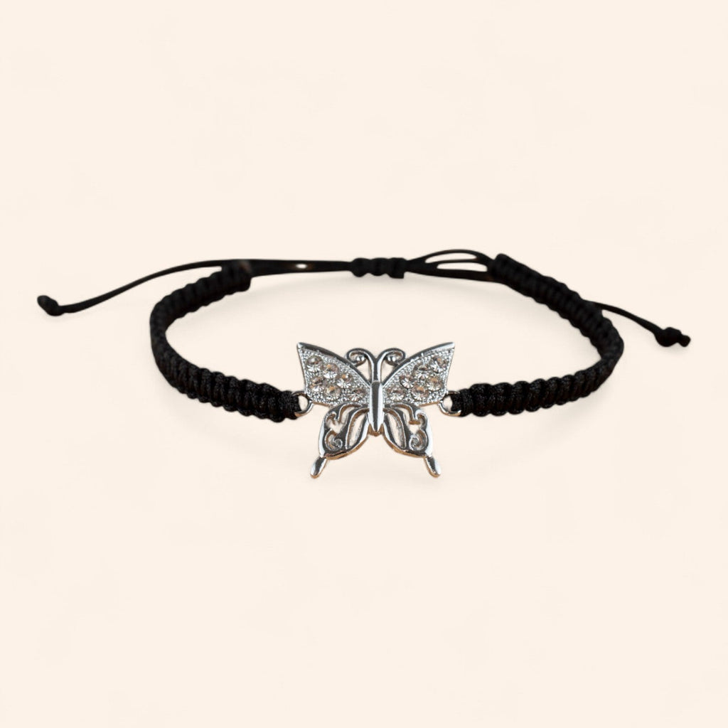 Bracelet macramé noir avec papillon en métal argenté et strass  Bracelet Jethyka