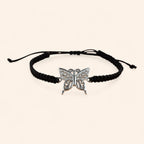 Bracelet macramé noir avec papillon en métal argenté et strass  Bracelet Jethyka