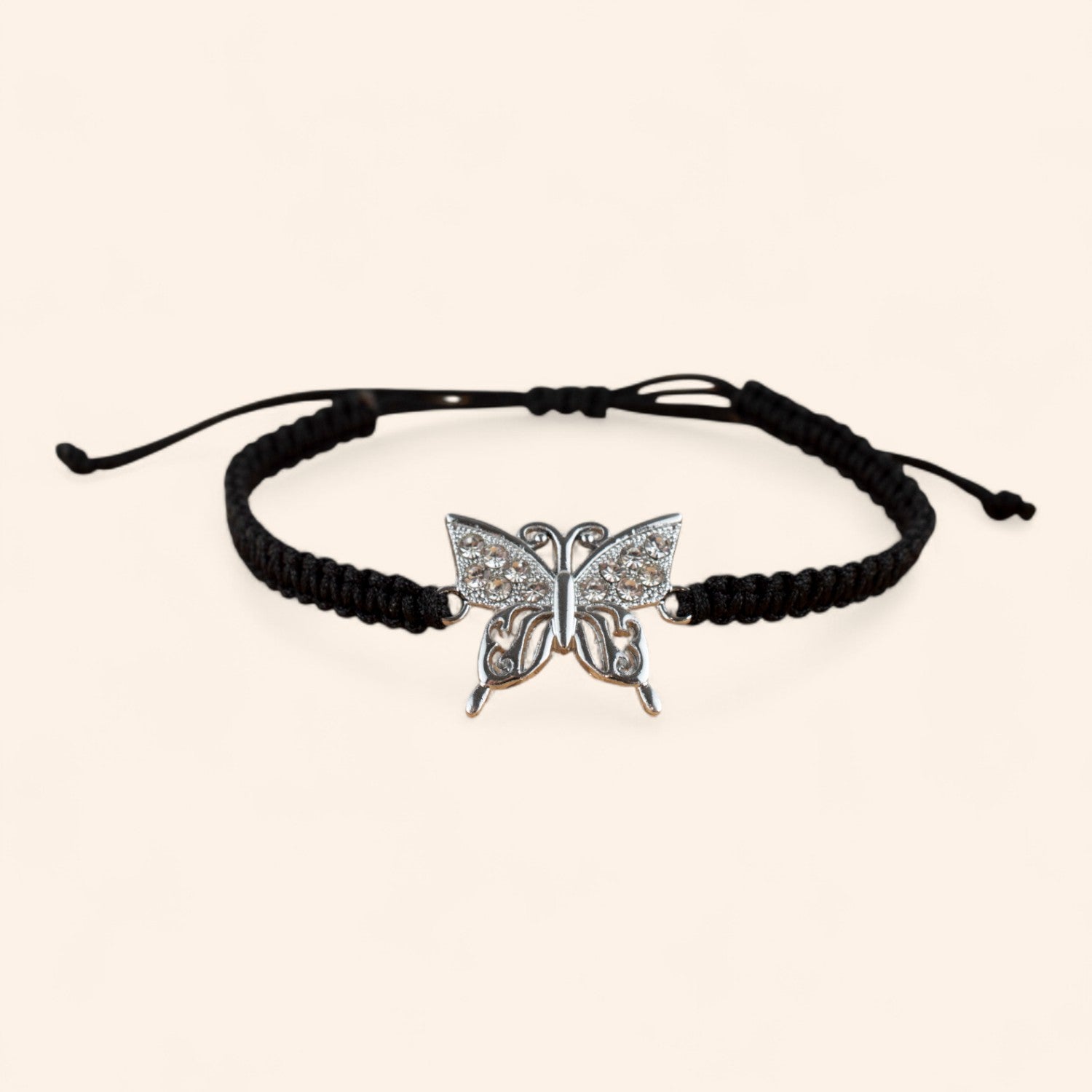 Bracelet macramé noir avec papillon en métal argenté et strass  Bracelet Jethyka