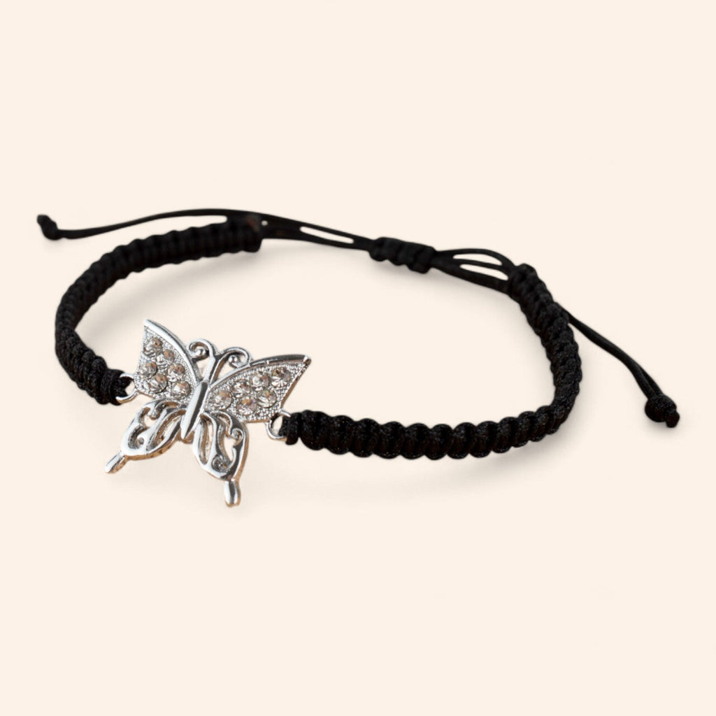 Bracelet macramé noir avec papillon en métal argenté et strass  Bracelet Jethyka