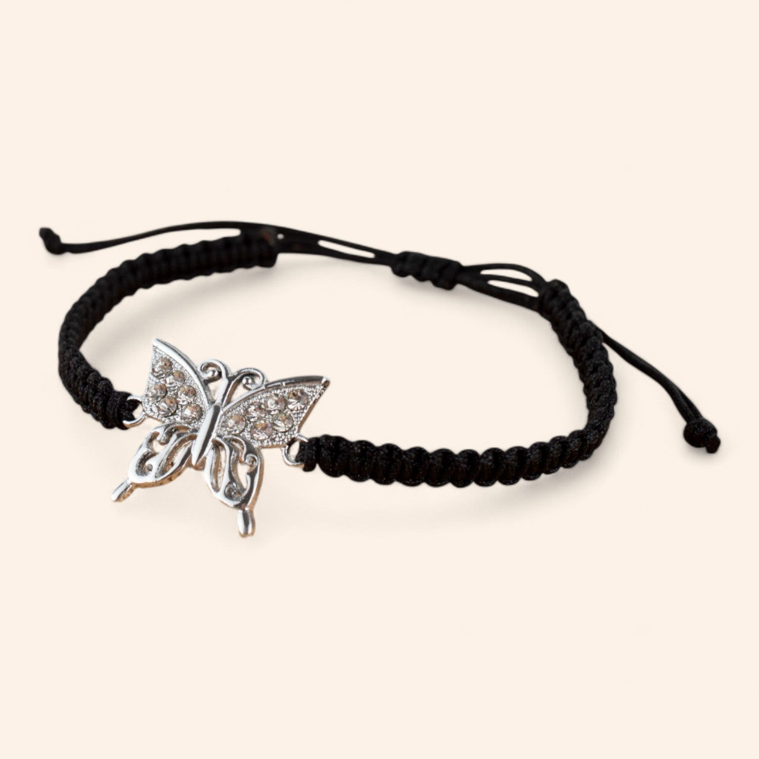 Bracelet macramé noir avec papillon en métal argenté et strass  Bracelet Jethyka