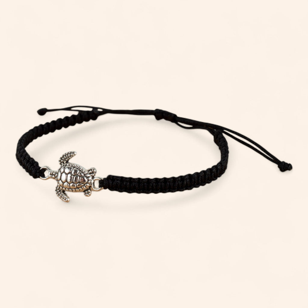 Bracelet tortue argentée et macramé noir – Bijou réglable tendance et porte-bonheur  Bracelet Jethyka