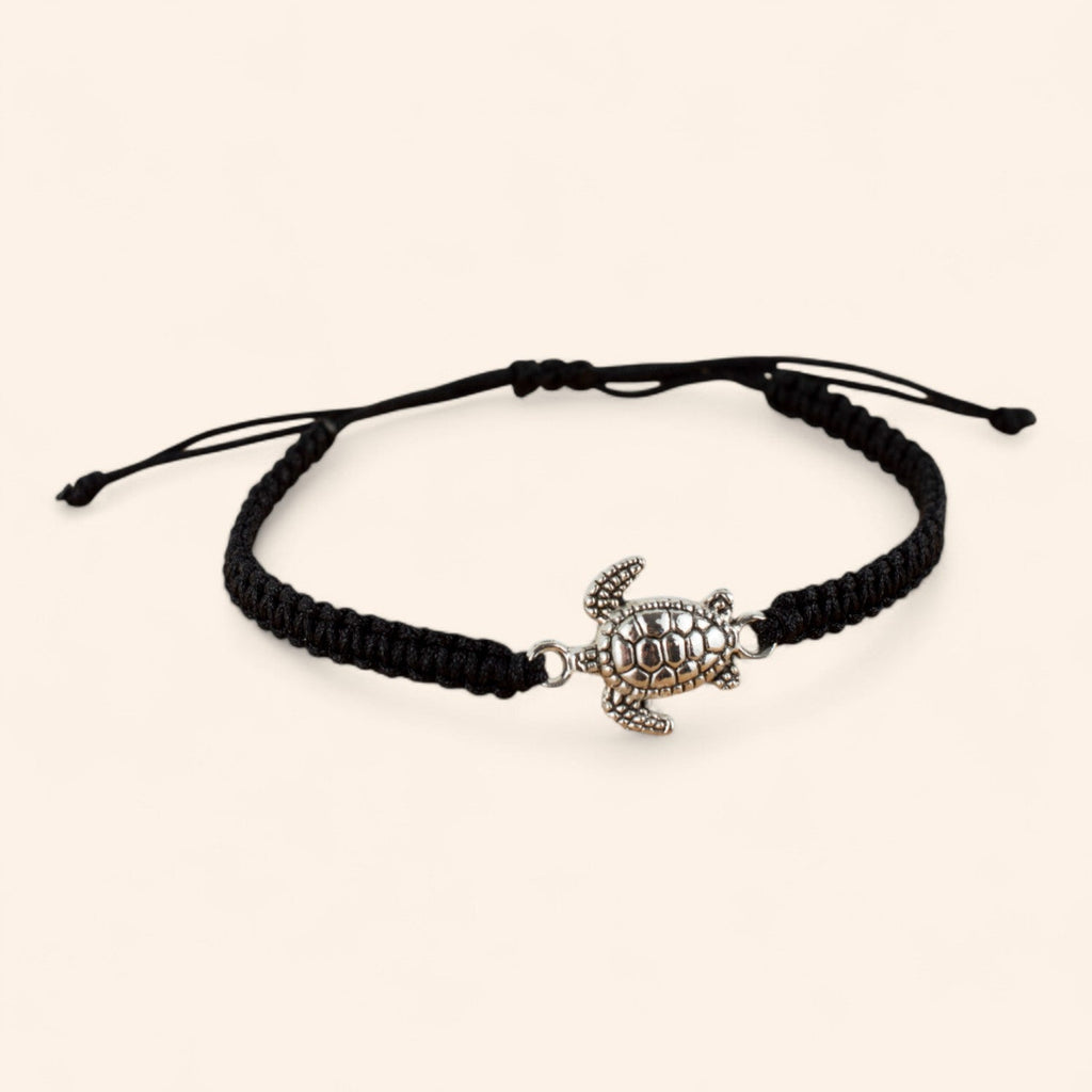 Bracelet tortue argentée et macramé noir – Bijou réglable tendance et porte-bonheur  Bracelet Jethyka