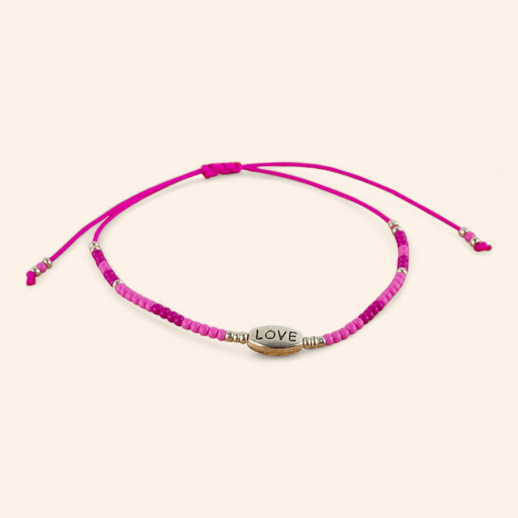 Bracelet perles rocailles fuchsia et perle Love en métal argenté  Bracelet Jethyka