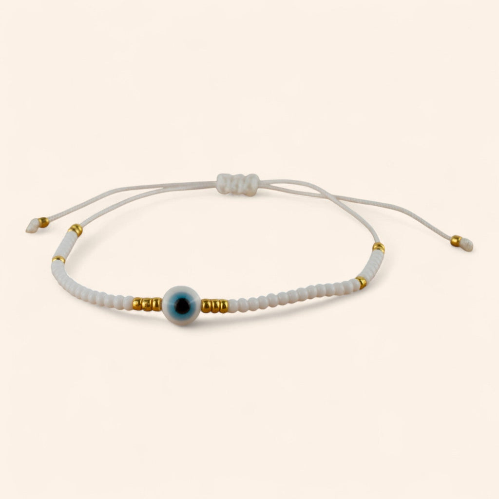 Bracelet Perles Rocailles Blanches et Dorées avec Œil Protecteur  Bracelet Jethyka