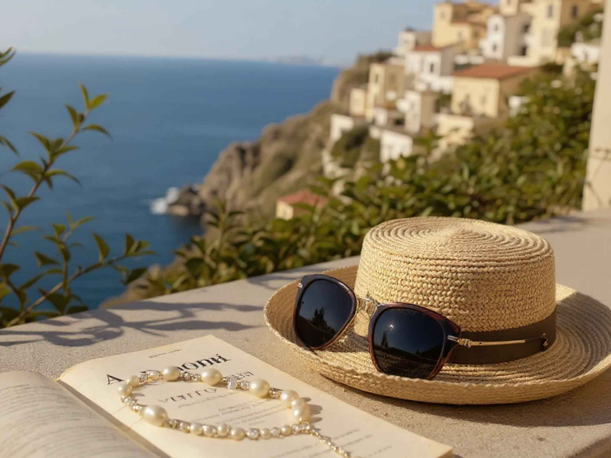 Vu sur un chapeau avec des lunettes de soleil sur une terrasse surplombant la Méditerranée dans le sud de la France