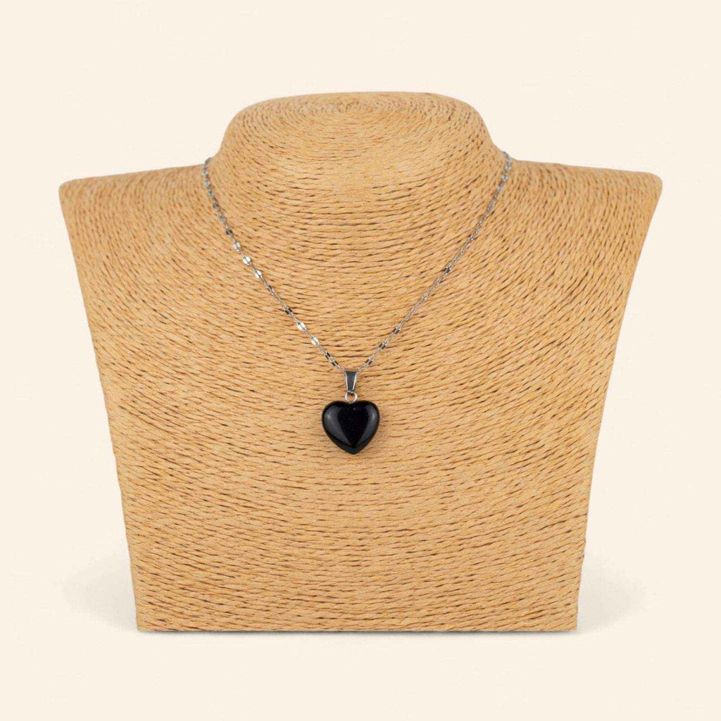 Pendentif cœur en pierres naturelles Obsidienne et chaîne argentée